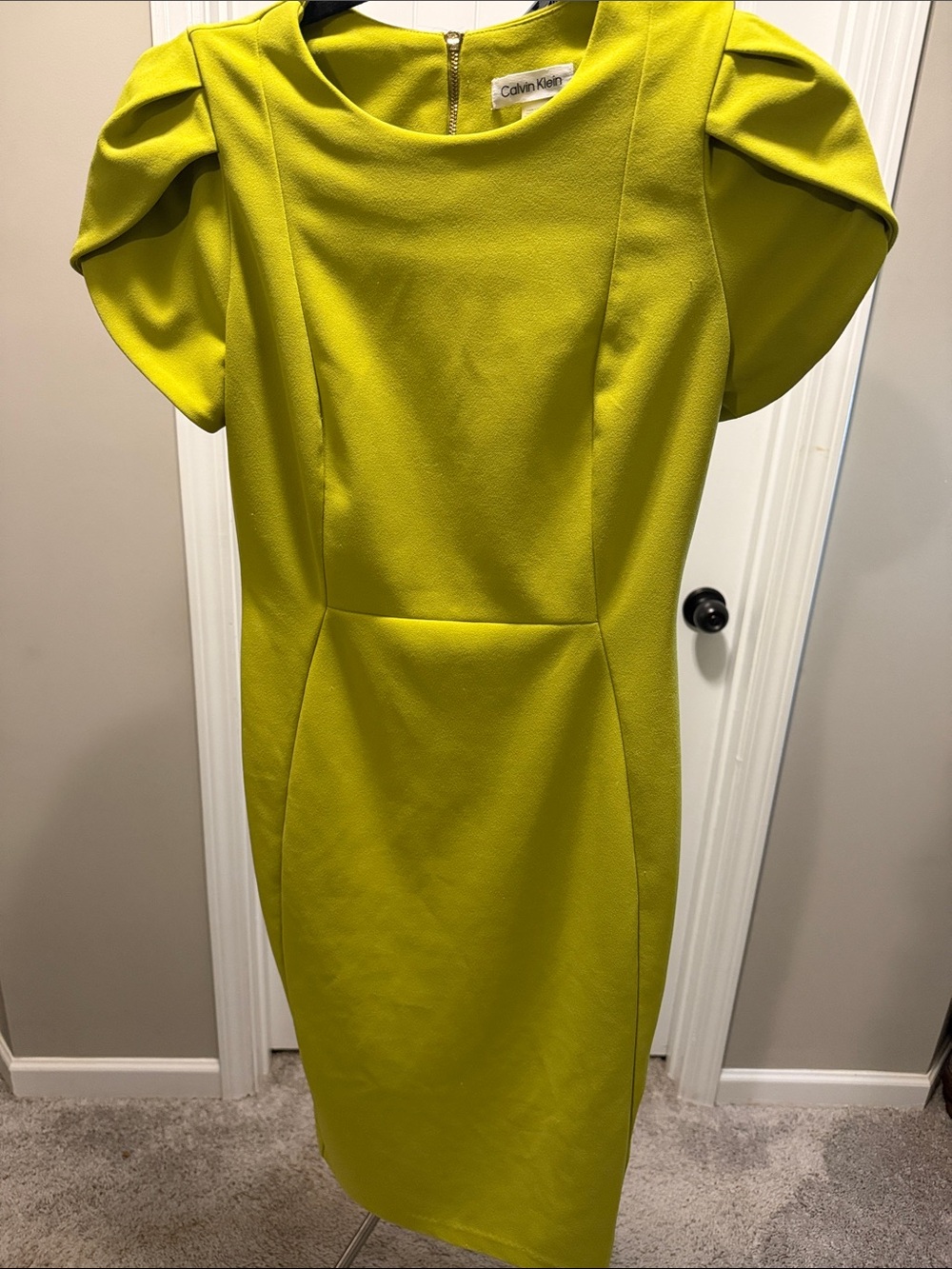 Calvin Klein Chartreuse Puff Sleeve Midi Dress